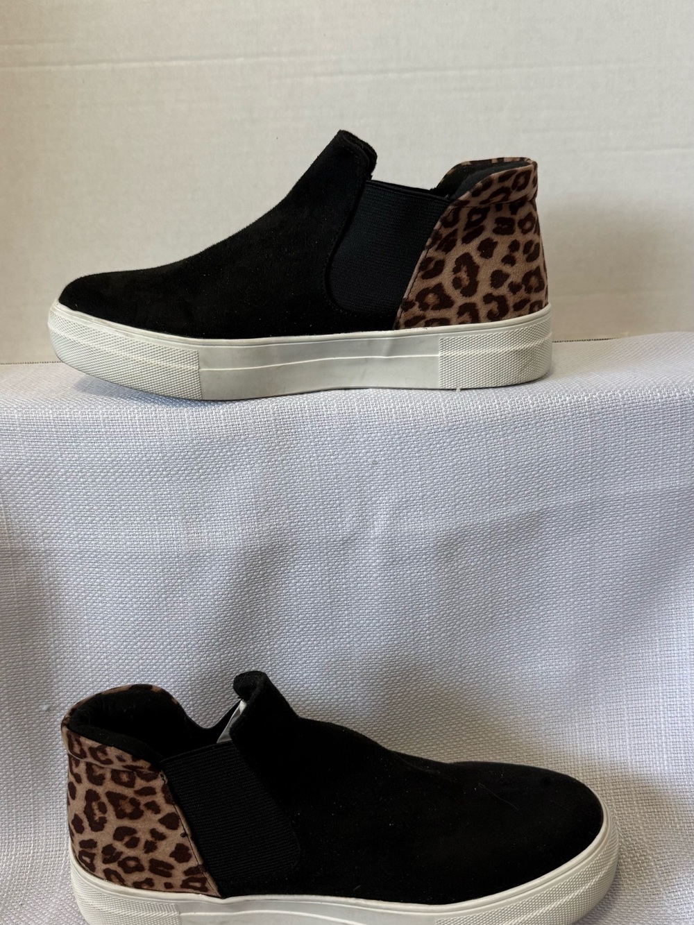 Soda Black Suede Slip-On Sneakers with Leopard Heel